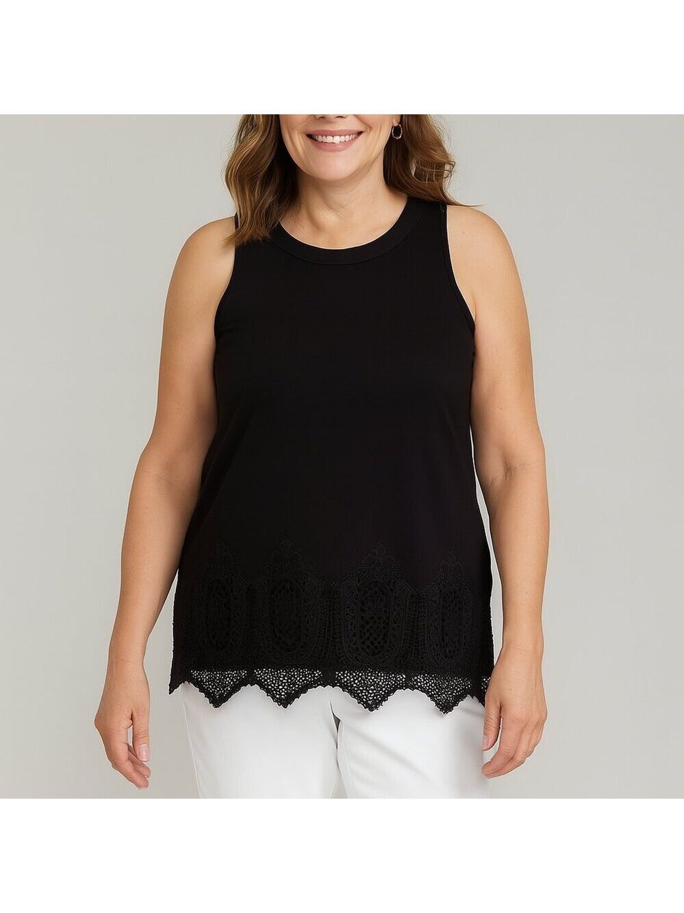 Adrianna Papell Racerback Tank Large Black Knit Top Lace Hem Elegant Minimal